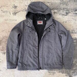 Levi's Men's M Gray Softshell Sherpa Lined Hooded Jacket Water Resistant Casual